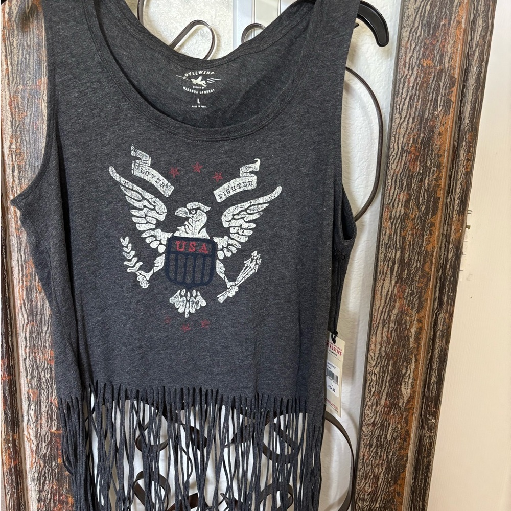 Gray Fringe Tank Top with Eagle Graphic